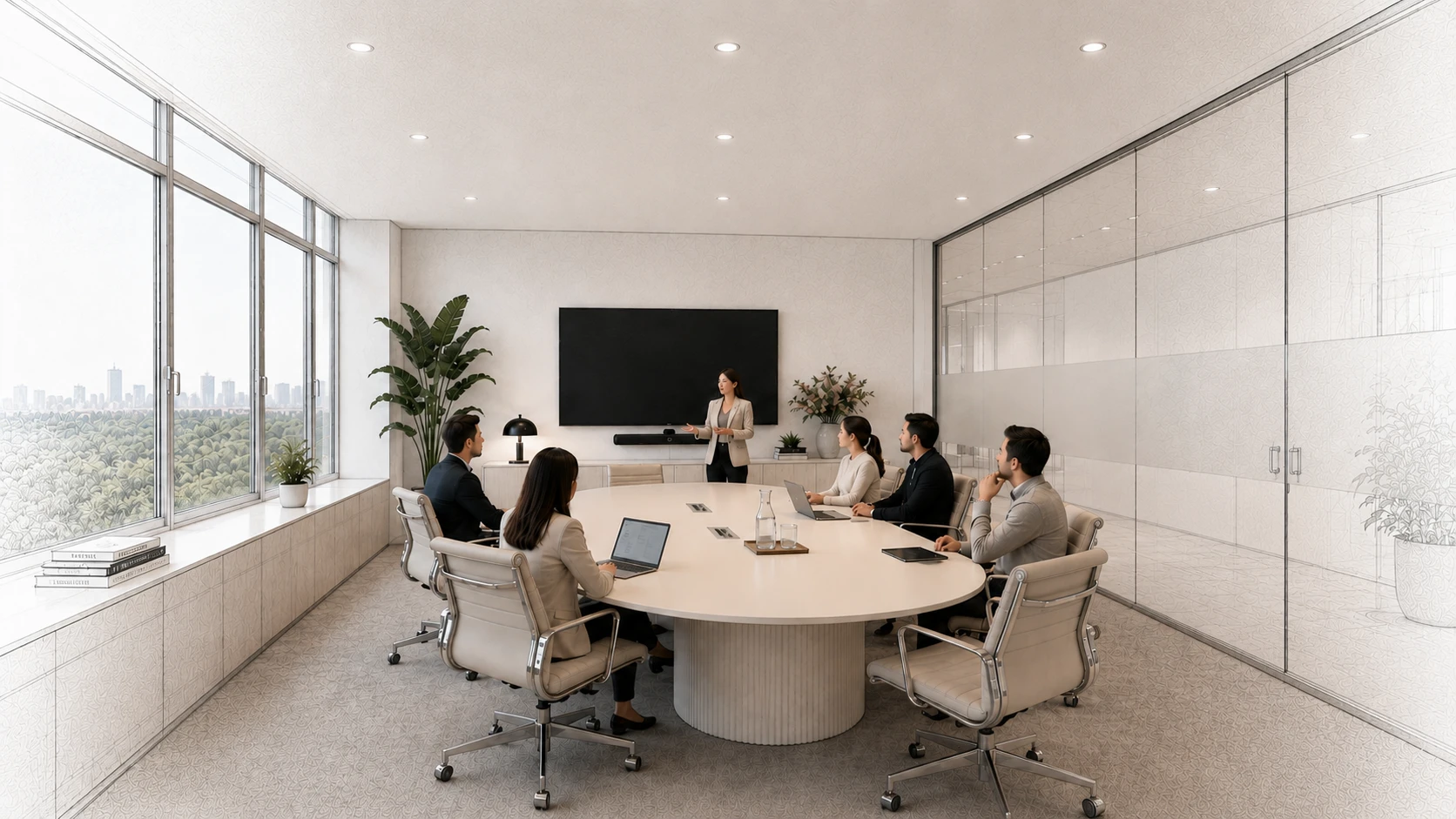 Vision eines moderner Besprechungsraum mit Glasfront und technischer Ausstattung für Videokonferenzen I ai-info