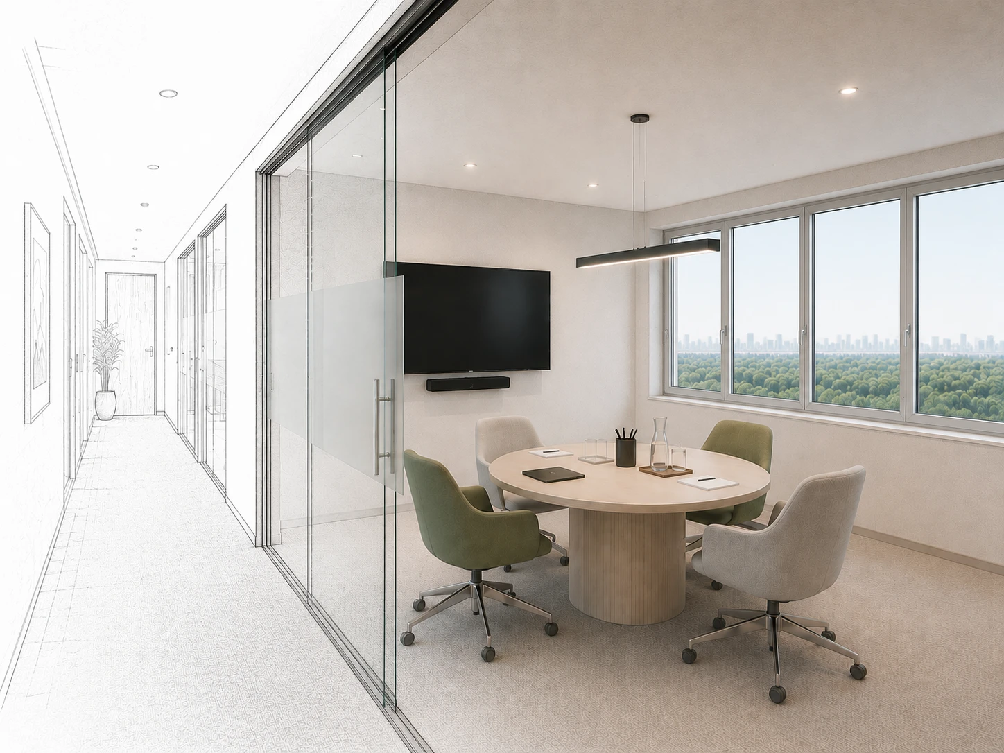 Kleiner Besprechungsraum mit minimalistischer Ausstattung – ideal für kreative Meetings in kleinen Teams. I ai-info