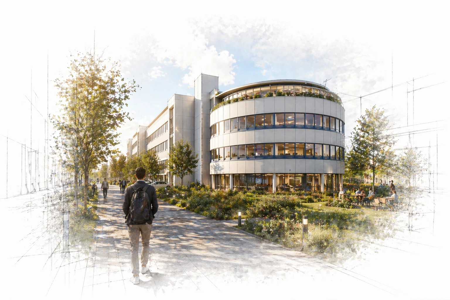 Visualisierung des geplanten neuen Firmengebäudes Tie7 Space der G&S IT Group – mit Fokus auf moderne Architektur, Nachhaltigkeit und innovative Arbeitswelten. I ai-info